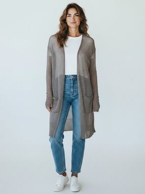 Ilaria Nistri Linen Silk Taupe Open Knot Long Cardigan LagenLook O/S